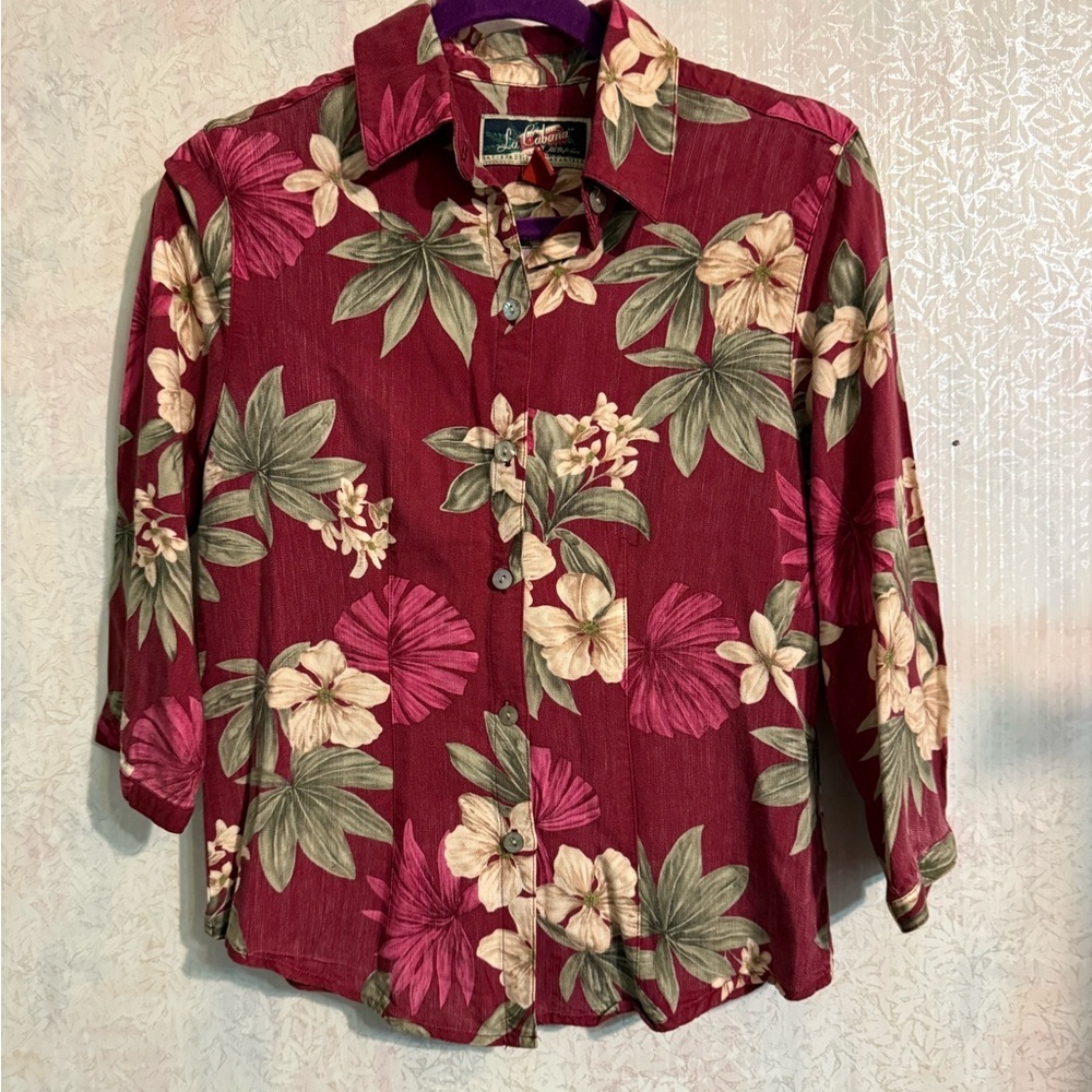 Vintage La Cabana Hawaiian Floral Button-Down Shirt - Burgundy, Beach, Boho, Sm